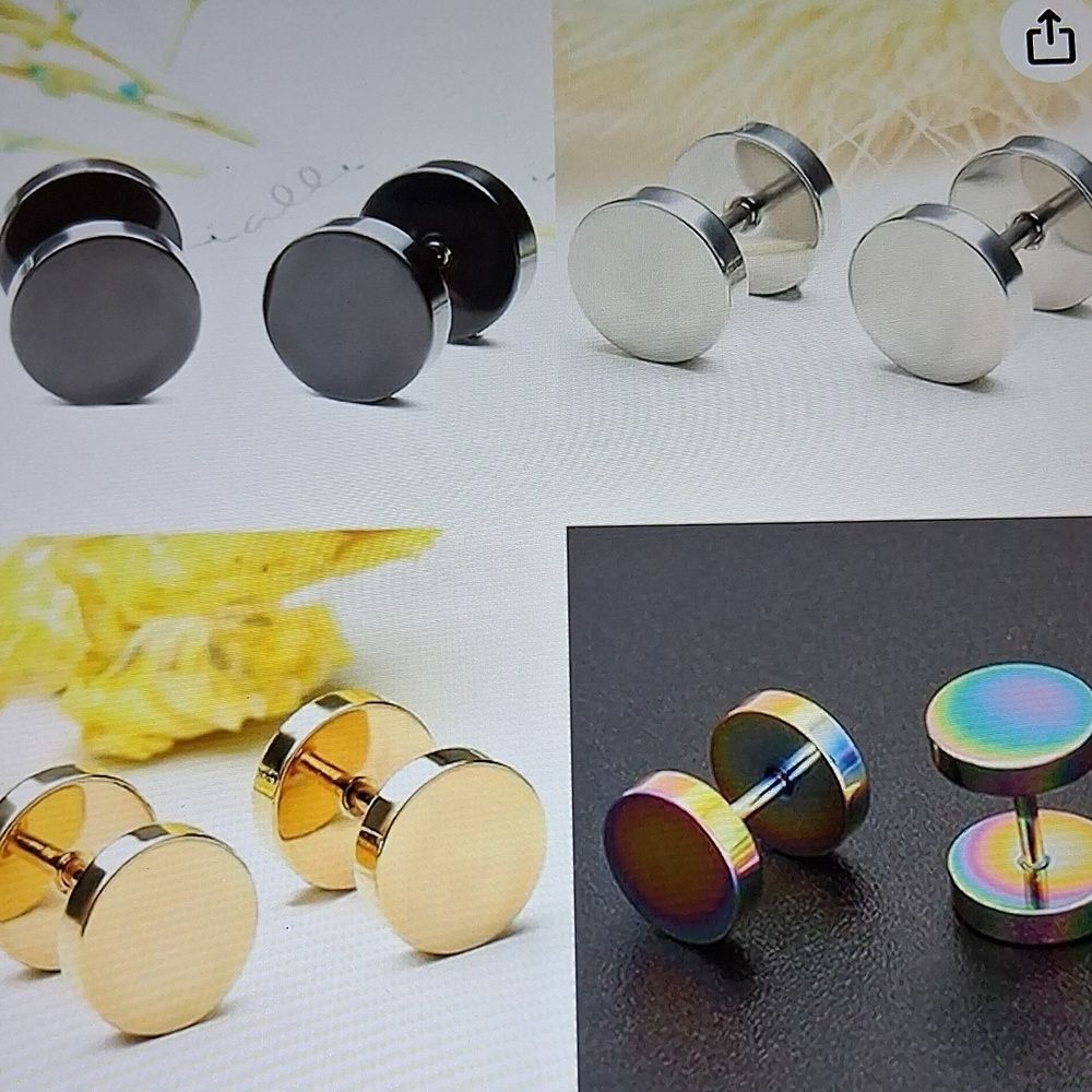Landwet Unisex 4 Pairs Stainless Steel Faux Guage Stud Earrings Circle Disc Flat